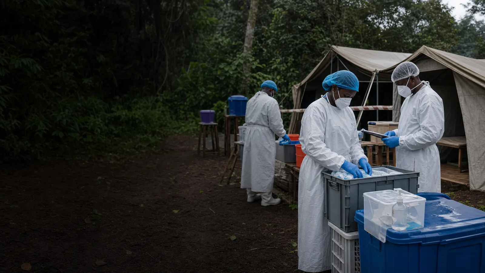 Health workers preparing supplies for an Ebola response