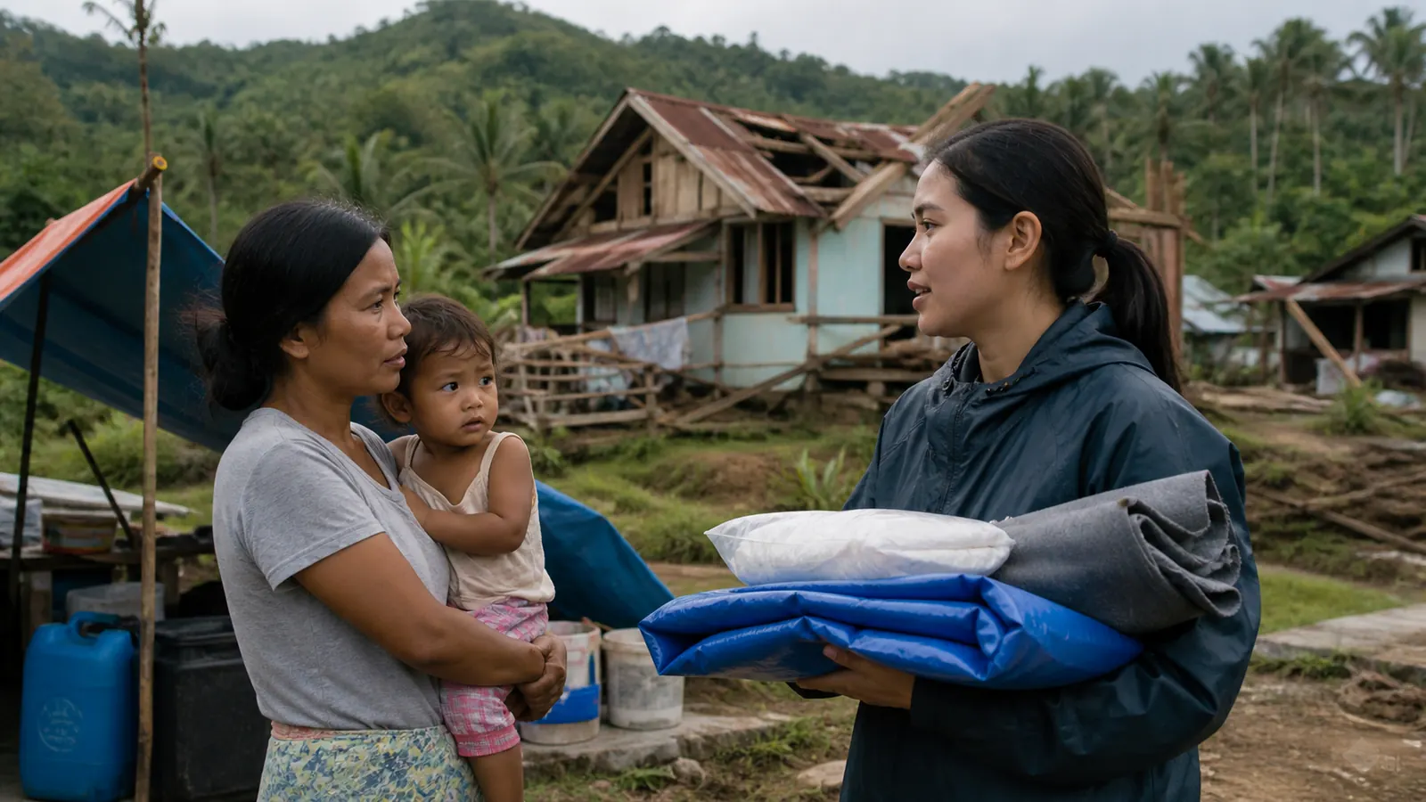 A mother holding a young child while speaking with a relief worker near damaged homes