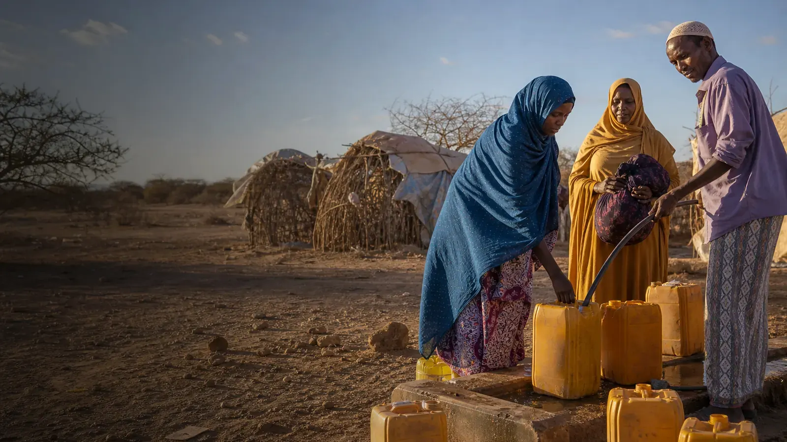 Somali adults collect water at a drought-affected settlement near Baidoa