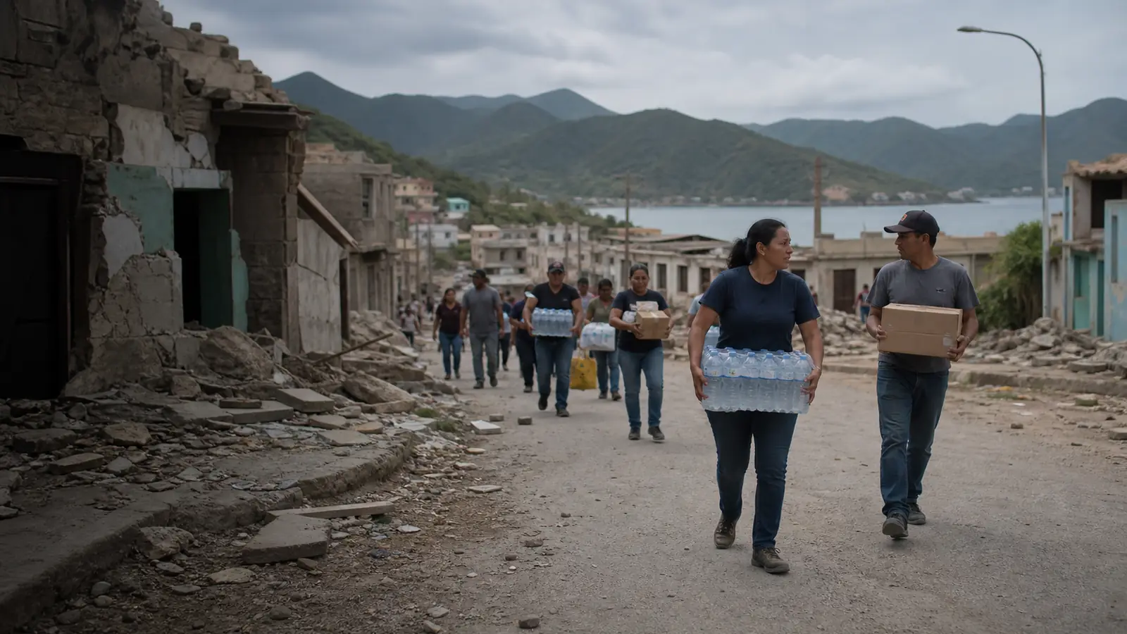 Adult volunteers carry water and supplies through an earthquake-damaged neighbourhood