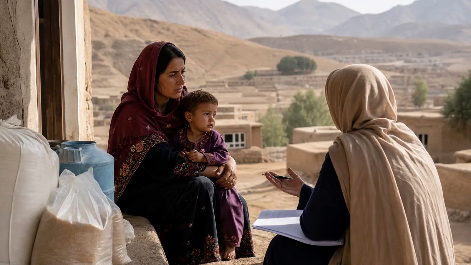 A mother and young child meet a community nutrition worker in Afghanistan