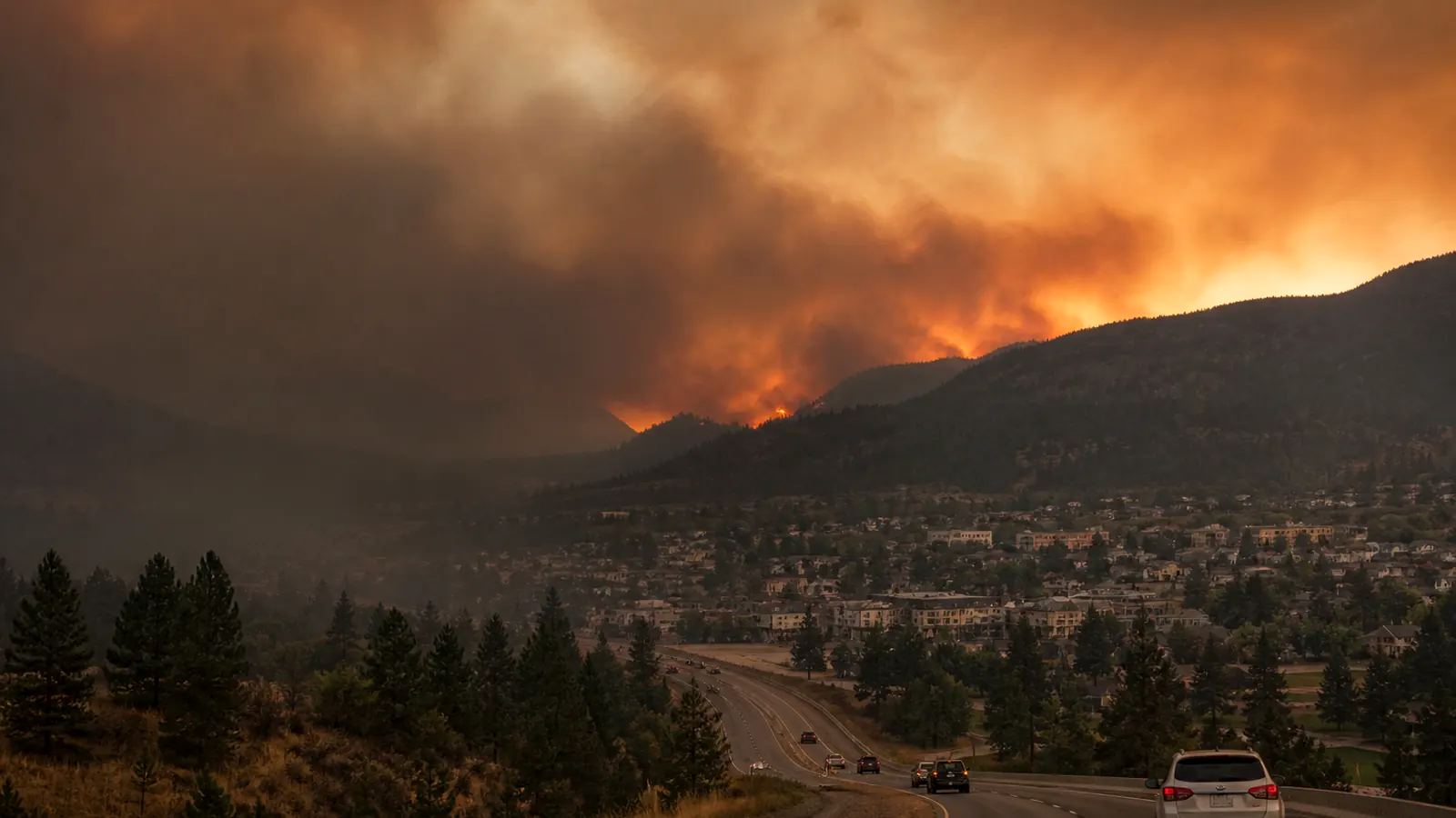 Wildfire smoke rises above a forested hillside near homes in British Columbia