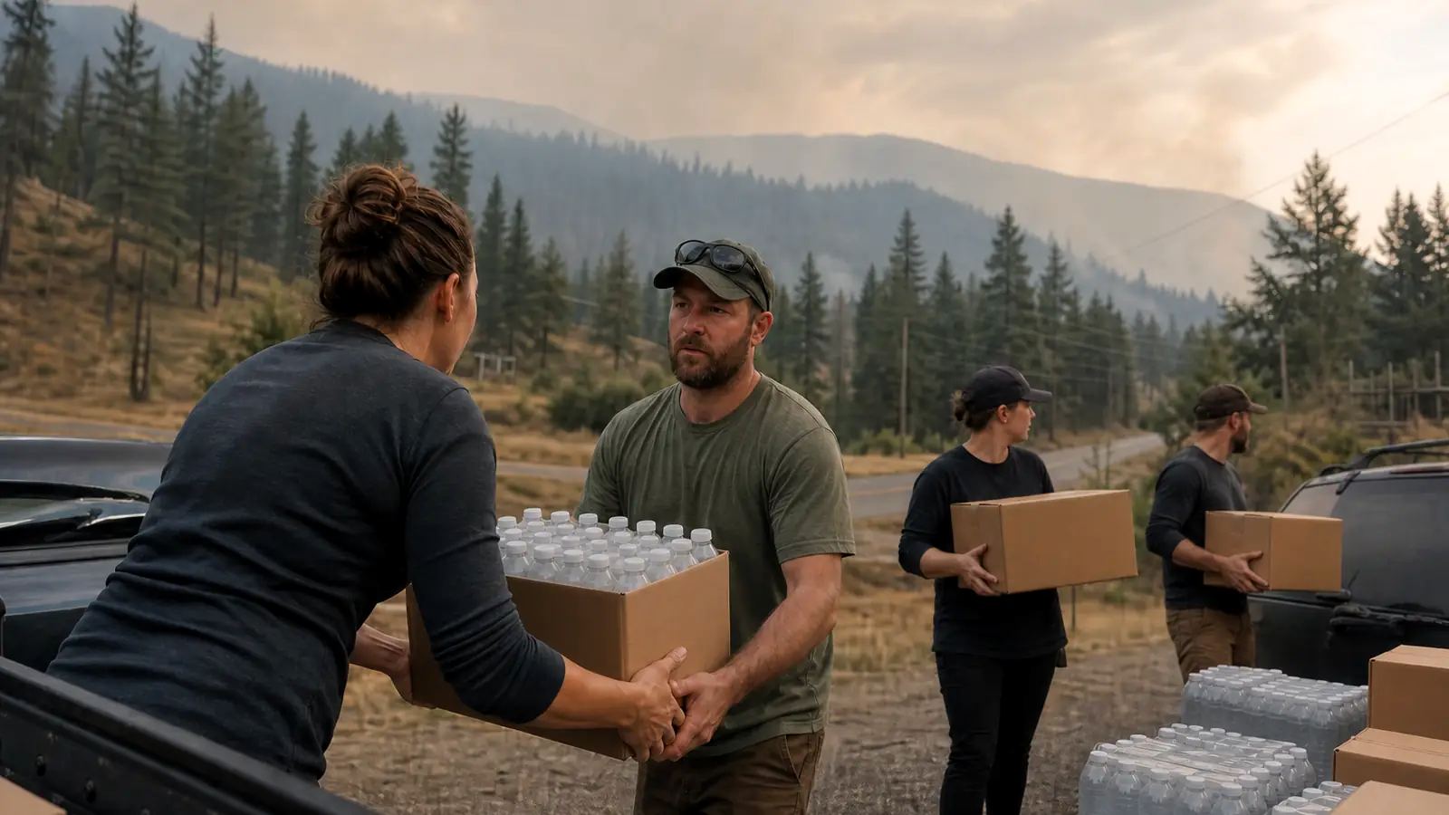 Volunteers carry water and emergency supplies near smoke-hazed hills in British Columbia