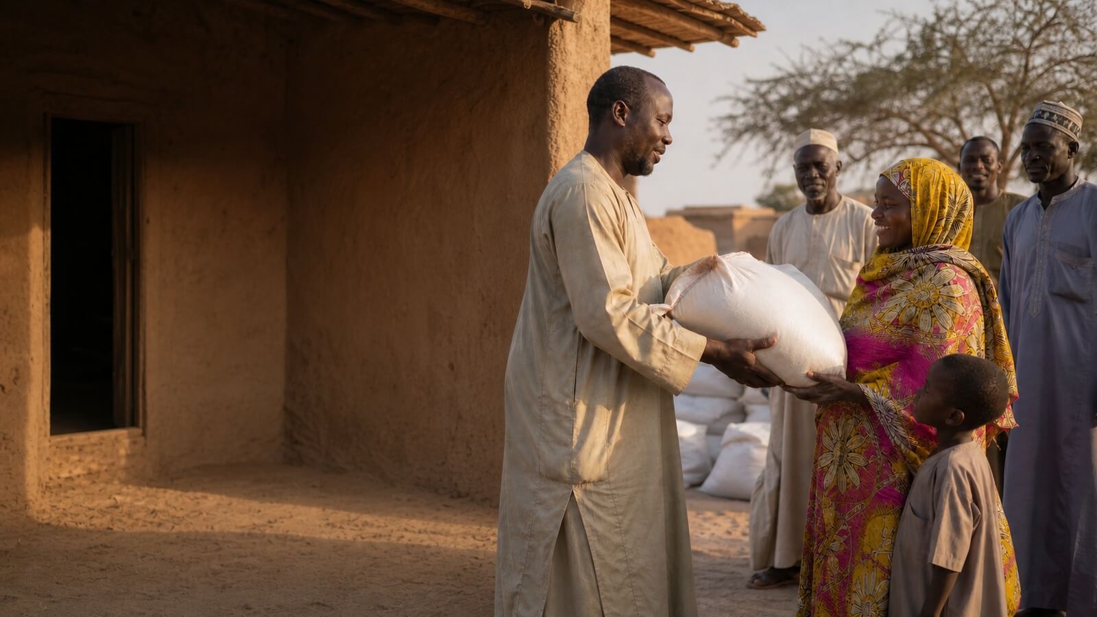 A mother receives staple food with her child at a community distribution in the Far North Region, Cameroon