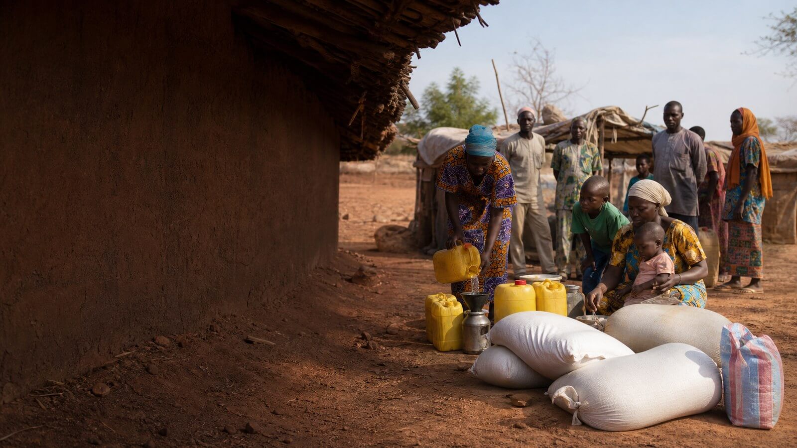 Displaced families collect clean water and staple food near Am-Dafock in Vakaga, northeastern Central African Republic