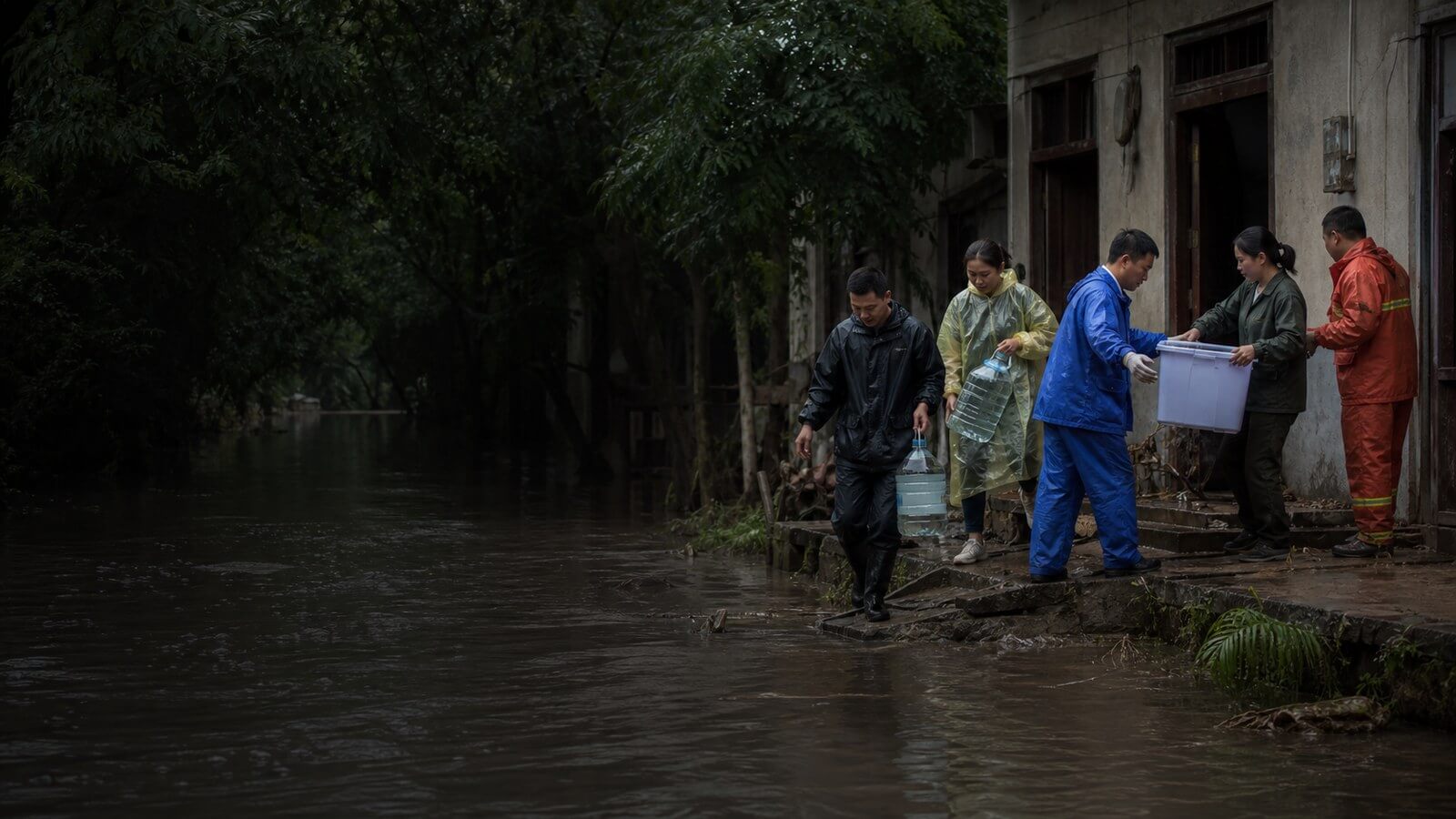 Residents and emergency responders move water and household supplies beside flood-damaged homes in Guangxi, southern China