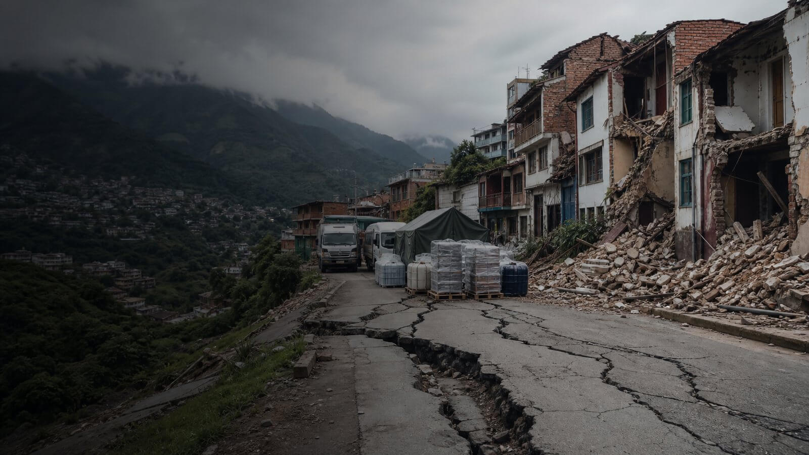 Emergency responders and community volunteers working beside earthquake-damaged homes in western Colombia