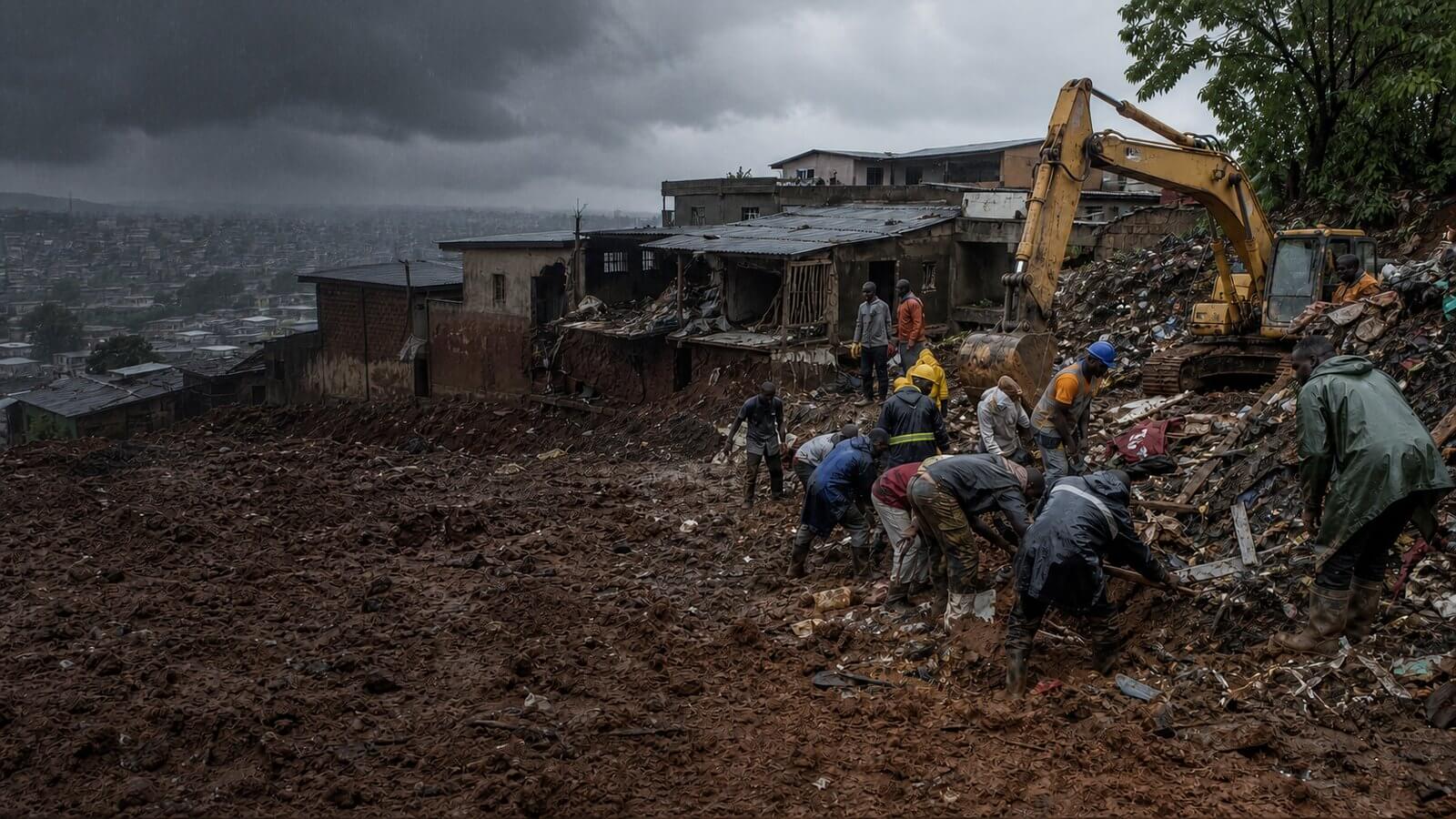 Emergency responders and community volunteers search debris beside an excavator after a landfill collapse in Conakry, Guinea