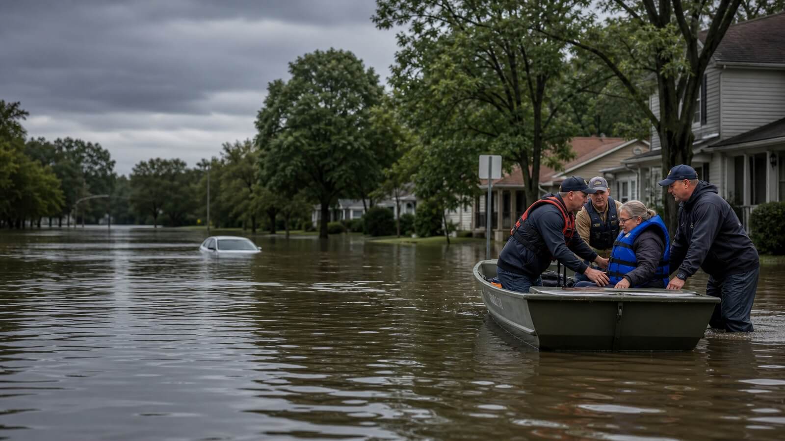 Rescuers help an evacuee into a boat in a flooded residential neighbourhood in Indiana
