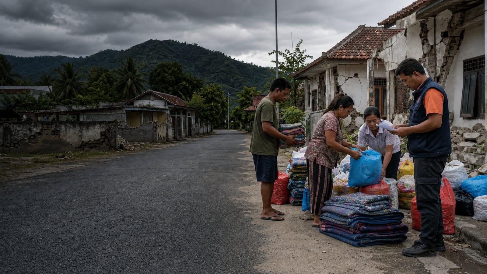 Residents and civilian responders organise blankets and essential supplies beside earthquake-damaged homes on Flores, Indonesia