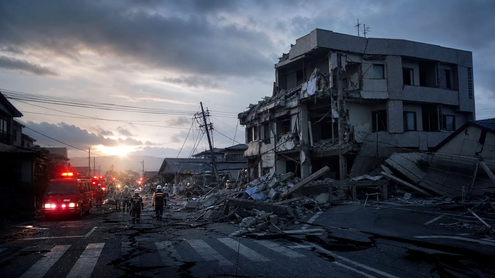 Earthquake damage and emergency workers in a Japanese town