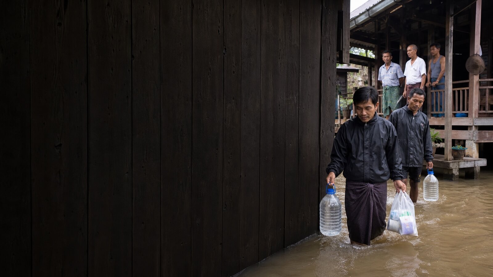 Community volunteers carry drinking water and hygiene supplies through a flooded neighbourhood in Myanmar