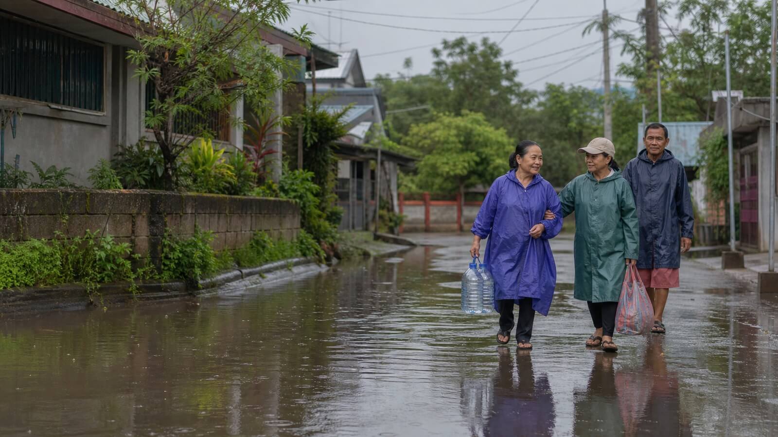 Three adults walk through a flooded residential street in the Philippines carrying drinking water and a household bag