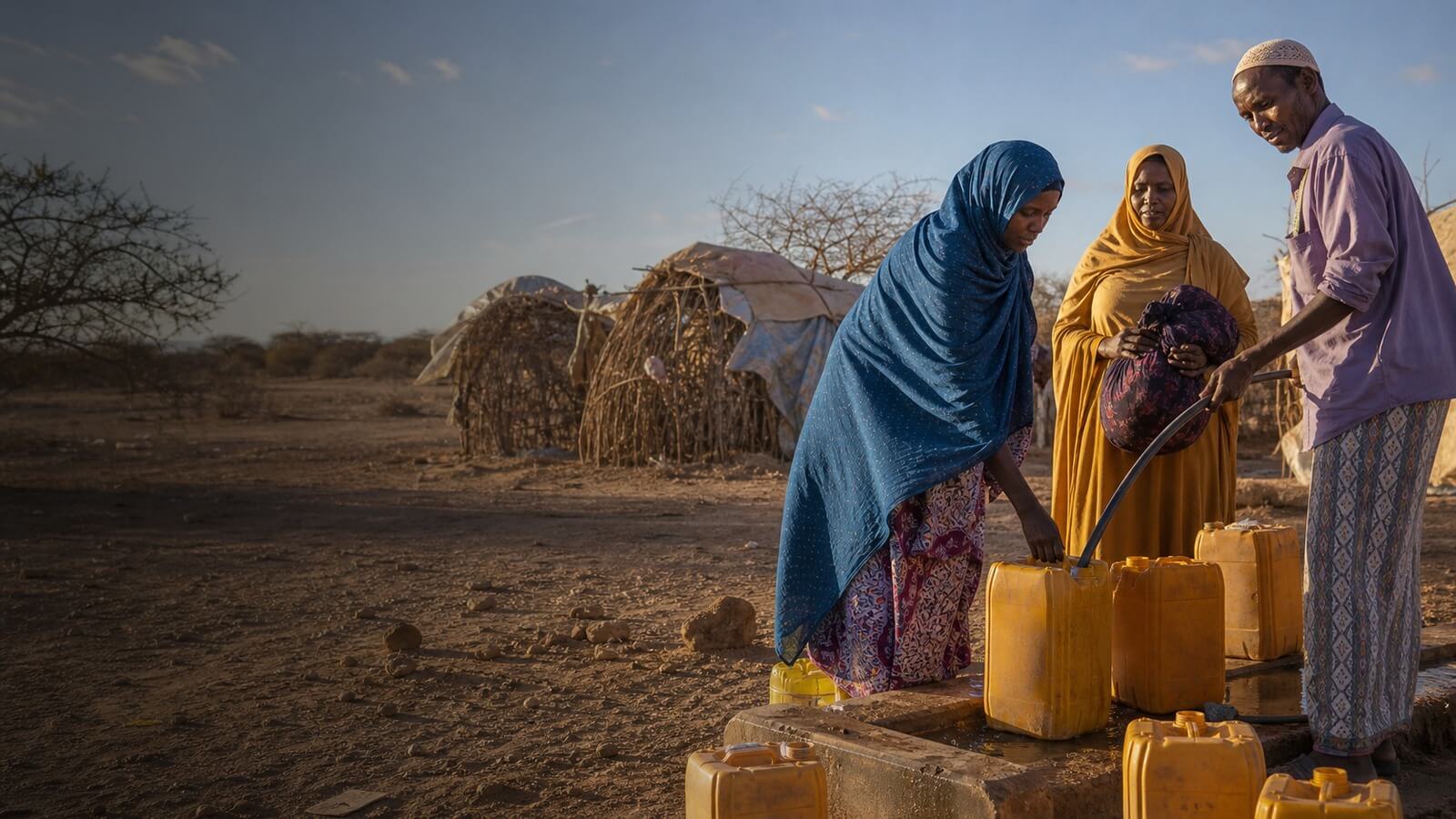 Somali adults collect water at a drought-affected settlement near Baidoa