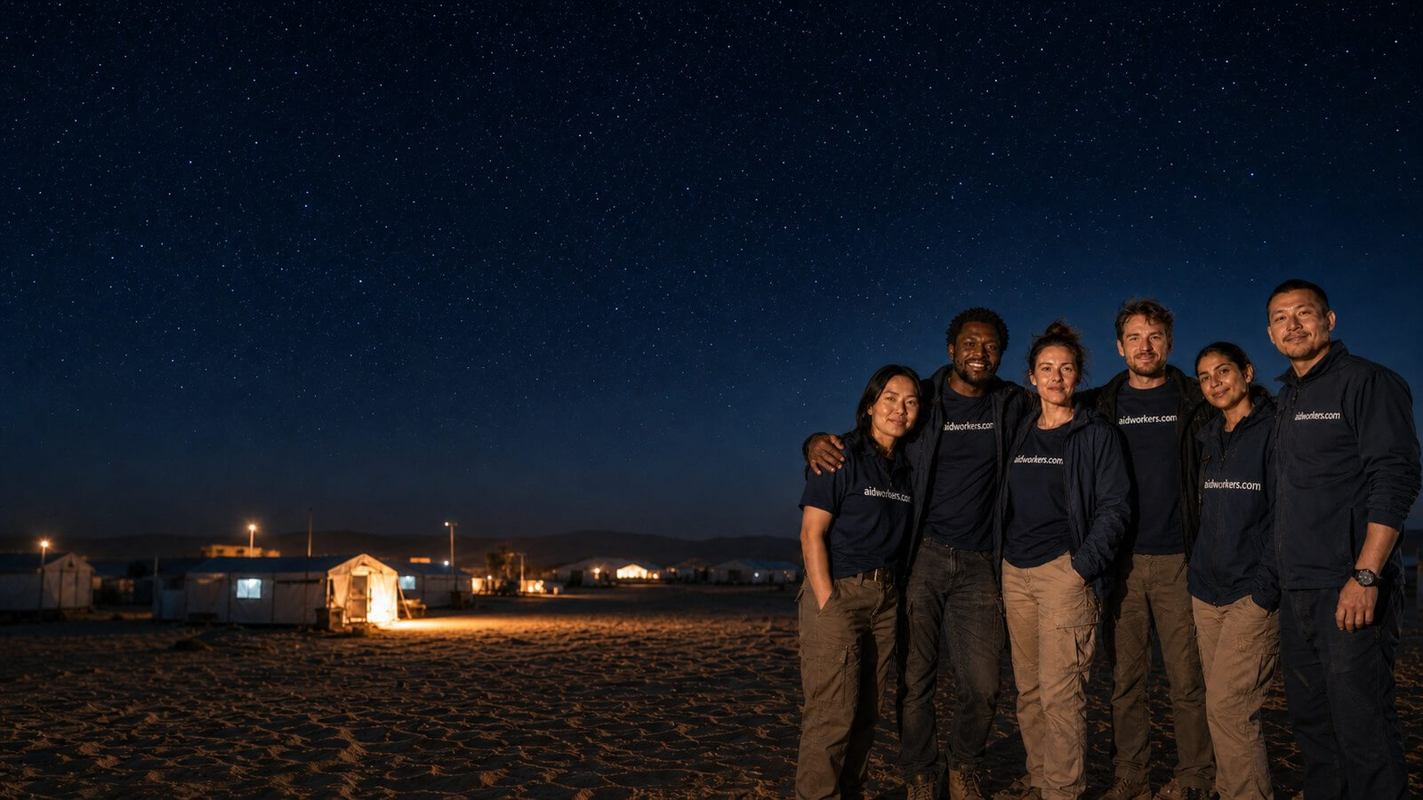 Six humanitarian aid workers in navy AidWorkers.com clothing stand together beneath a star-filled night sky