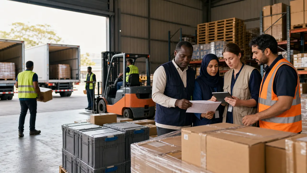 Humanitarian logistics staff checking a manifest and tablet while warehouse teams load relief supplies