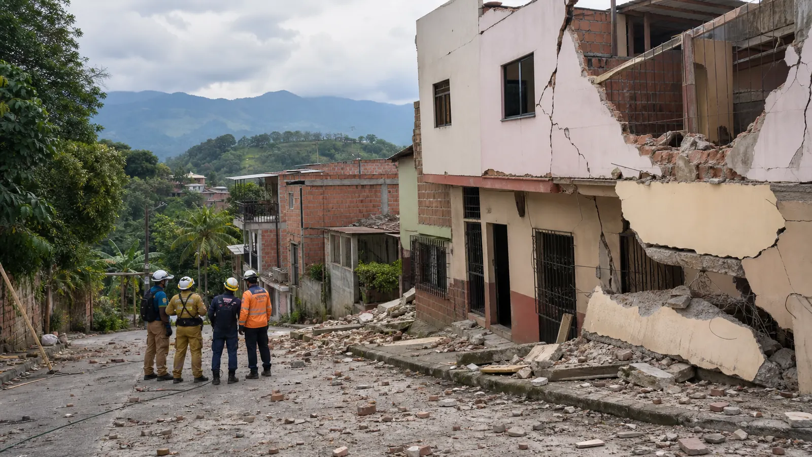 Earthquake-damaged homes on a hillside street